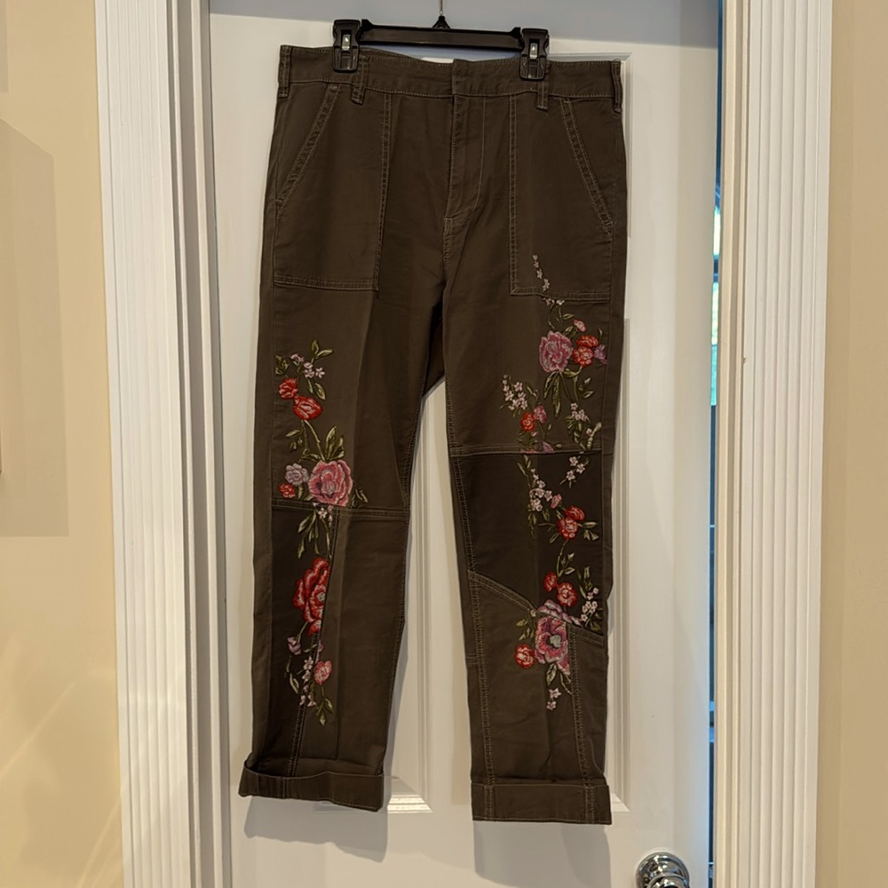 Anthropologie Green Khaki Embroidered Pants - Picture 2 of 11